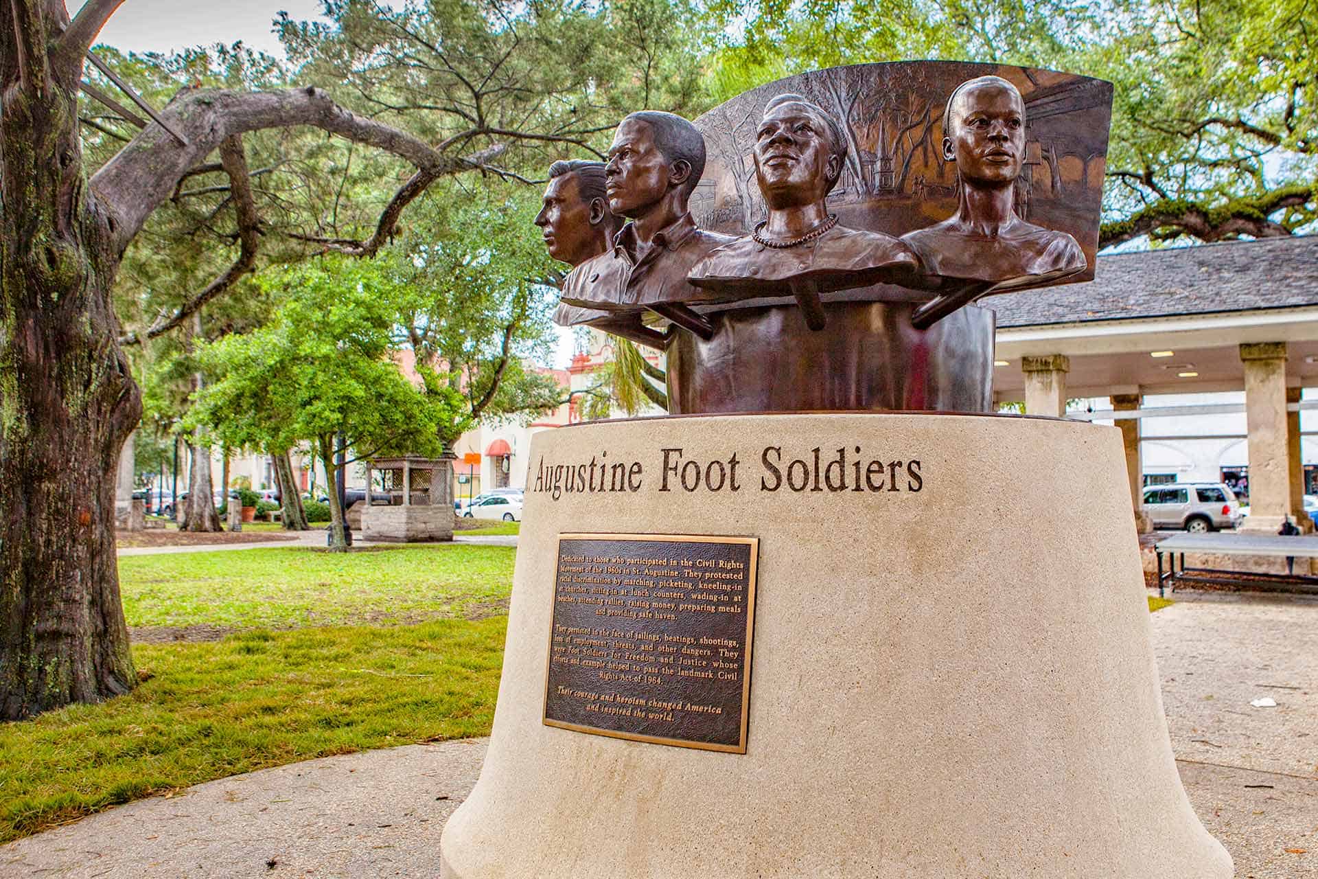 Statue and plaque of the St. Augustine foot soldiers in downtown St. Augustine